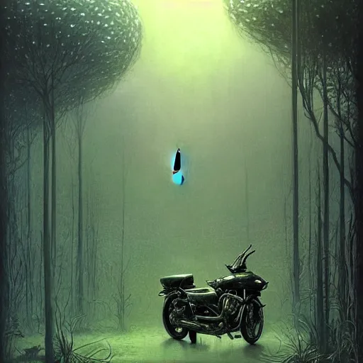 Image similar to a hyperrealistic painting of a futuristic motorcycle in the middle of an alien jungle, bioluminescent plants, by john kenn mortensen and zdzislaw beksinski, highly detailed, vivid color,