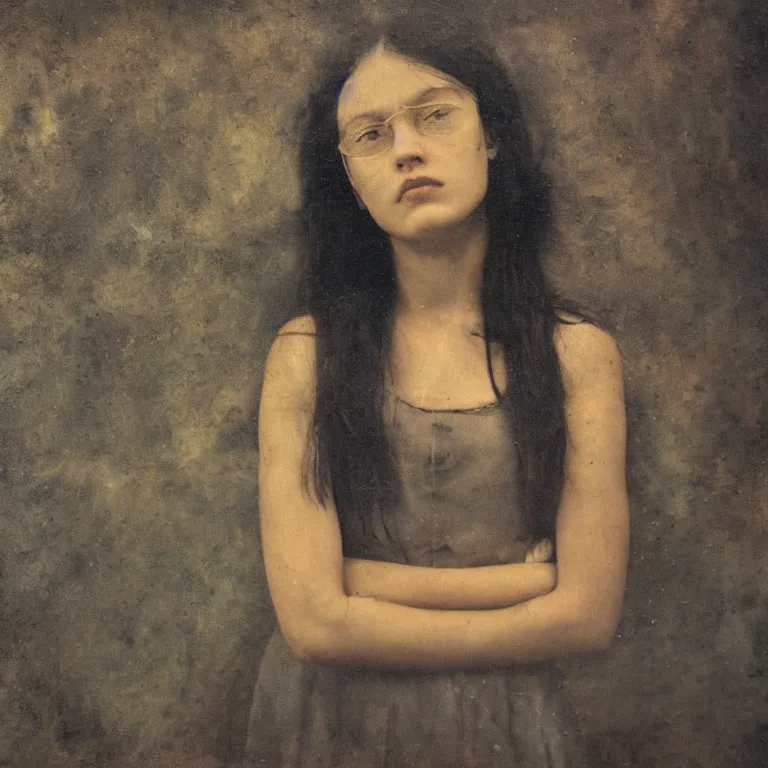 Image similar to tinted Antique tintype of Beautiful warmly lit close up expressionistic studio portrait of young teenage She-Hulk frowning severely, impasto oil painting heavy brushstrokes by Cy Twombly and Anselm Kiefer , trending on artstation dramatic lighting abstract Expressionism