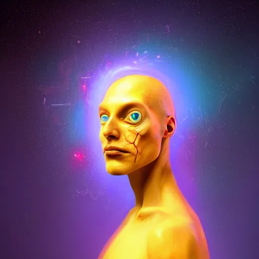 Image similar to I've discovered life, scientist, ecstatic, infinite power, manic, perfect eyes, full body shot, chemical structures, atoms, molecules, portrait, energized face, noble, transformation, vivid colors, elegant, concept art, sharp focus, digital art, Hyper-realistic, 4K, Unreal Engine, Highly Detailed, HD, Dramatic Lighting by Brom, trending on Artstation