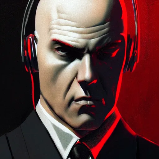 Image similar to a portrait of agent 4 7 from hitman wearing headphones, dark background, red rim light, highly detailed, digital art, artstation, concept art, smooth, sharp focus, greg rutkowski, wlop