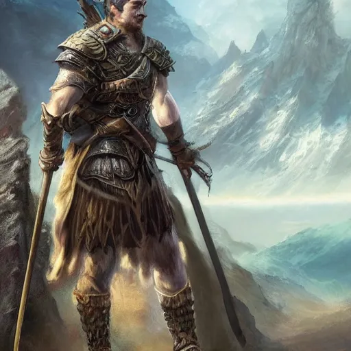 Prompt: a heroic warrior from a fantasy world, standing in front of a beautiful scenery, highly detailed, masterpiece