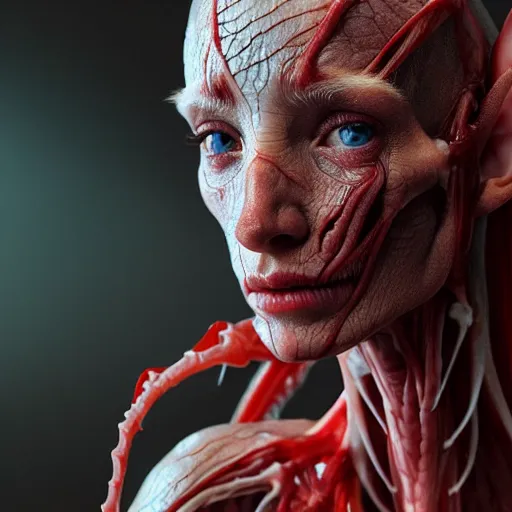 Prompt: female elf with translucent skin, visible muscles and veins and arteries and bones and spine and nerves, beautiful detailed intricate insanely detailed octane render, 8K artistic photography, photorealistic, chiaroscuro, by David Cronenberg, Raphael, Caravaggio