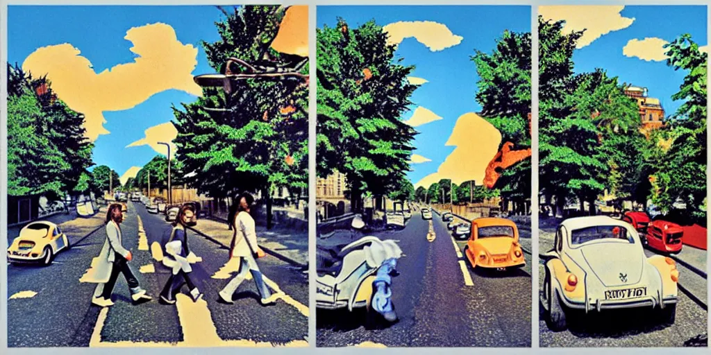 Prompt: blazing sun, blue sky happy, beatles abbey road crossing album art, sunny day, frida carlo, bill sienkiewicz, jamie hewlett