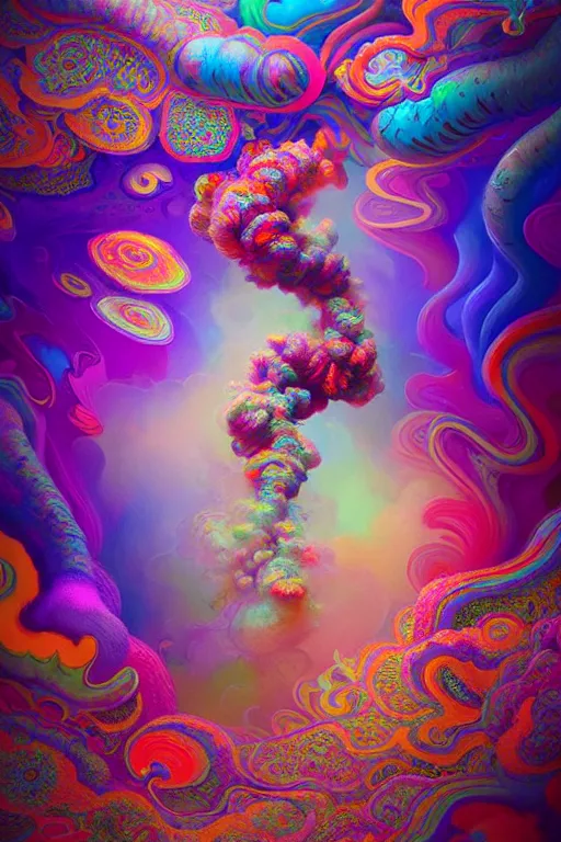 Image similar to colorful liquid smoke and clouds forming faces, animal shapes and flowers, an extremely colorful psychedelic experience, dmt, psilocybin, lsd, intricate, elegant, highly detailed, digital painting, artstation, smooth, sharp focus, illustration, art by krenz cushart, hana yata, octane render, unreal engine, 8 k