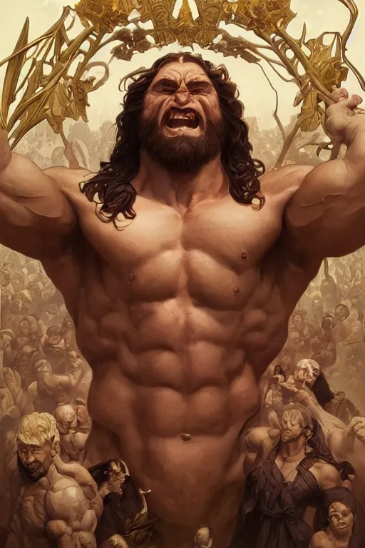 Prompt: hulking herculean ogre jesus christ, masterpiece, intricate, elegant, highly detailed, digital painting, artstation, concept art, smooth, sharp focus, illustration, art by artgerm and greg rutkowski and alphonse mucha and uang guangjian and gil elvgren and sachin teng, symmetry!!