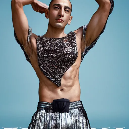 Image similar to a slim athletic beautiful mexican male wearing a iris van herpen crop top, photographed by tarsem singh for vogue magazine