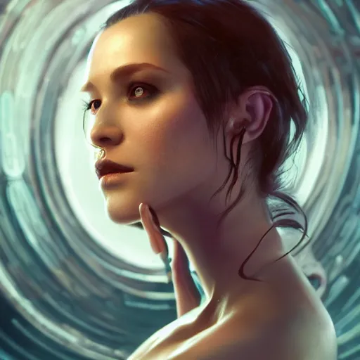 Image similar to cyberpunk woman dreaming in vr, scifi, illustration, slender symmetrical face and body, artstation, cinematic lighting, hyperdetailed, cgsociety, 8 k, high resolution, inpirate by charlie bowater, tom bagshaw, insanely detailed and intricate, beautiful, elegant, golden ratio, dark fractal background, vfx, art deco, postprocessing