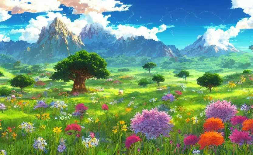 Image similar to fantastic anime sunny meadow with flowers, lone old Oak in the middle plane and mountains on the background, by Hayao Miyazaki, Nausicaa, studio Ghibli style, Anime wallpaper, stunning