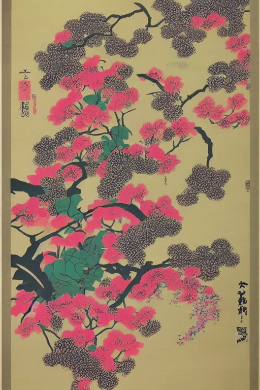 Prompt: Beautiful vintage Japanese poster representing the mind as flowers, 10% surreal, risograph poster, beautiful colors, deep meaning, Intricate image, moving