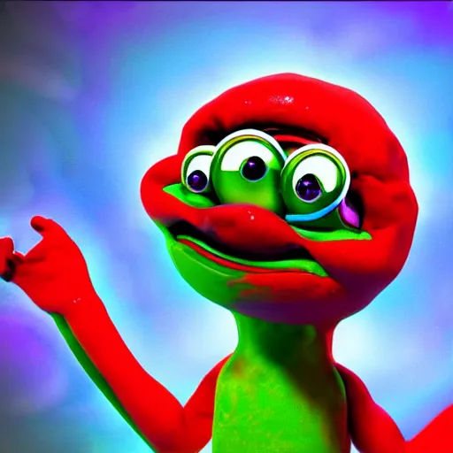 Image similar to a 3 d render of a psychedelic pepe, tripping on mushrooms, floating in space, hd, digital art