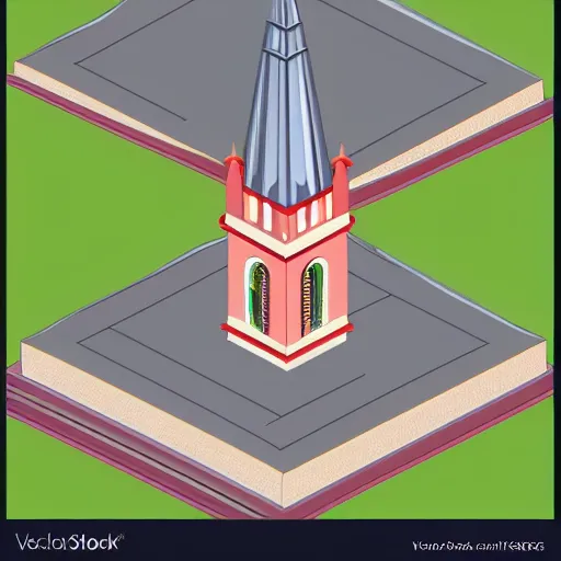 Image similar to isometric view of a church, steeple, geometric isometric perspective