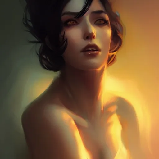 Image similar to Elegant woman with black hair, smoke around her, high detail, concept art background by john harris + andreas rocha, artwork by charlie bowater + artgerm + anato finnstark + ross tran