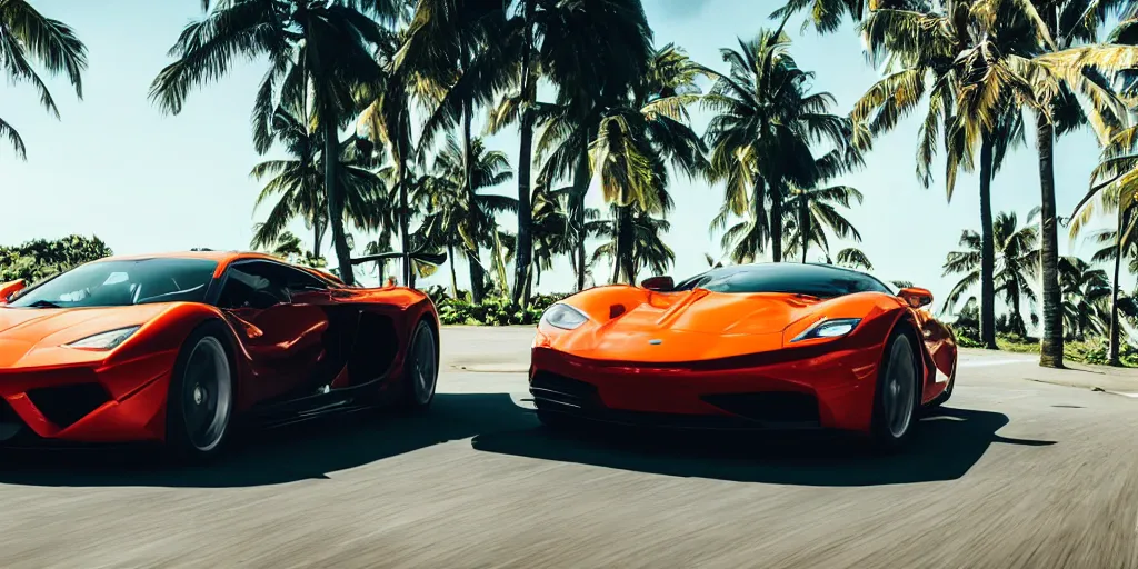 Image similar to a photograph of a supercar running in a tropical island