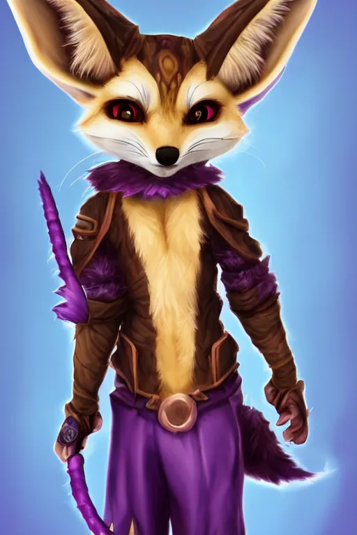 Prompt: Anthropomorphic purple fennec character, kung fu, high fantasy, World of Warcraft, lavenderfennec, splashcreen character art, artstationhd, trending on artstation, detailed fur, beautiful cinematic