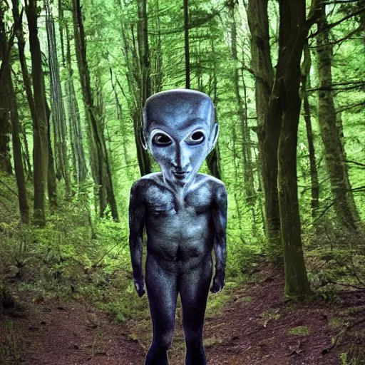 Image similar to trail cam photo of a grey alien in a forest