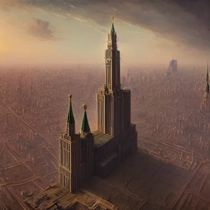 Image similar to matte painting by marc simonetti, jonathan solter, greg rutkowski of a moscow state university building, masterpiece, cinematic, hyperdetailed, photorealistic, hyperrealism, architecture, aerial view,