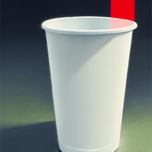 Prompt: white paper cup with red strip!!!, hyperrealistic, highly detailed, cinematic, volumetric sunlight, beautiful, cgssociety, artstation, 8 k, oil painting by greg rutkowski, by artgerm, by wlop