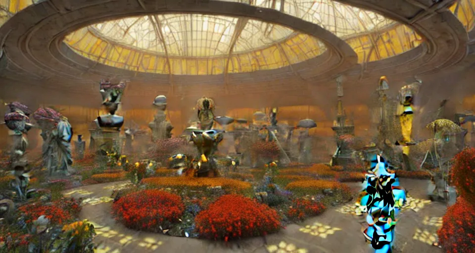 Image similar to a minimalist oil painting by donato giancola and james gurney, warm coloured, cinematic scifi luxurious futuristic foggy steam filled megalithic garden circular shopping mall interior with microscopy minimalist giant windows flowers growing out of pretty bulbous ceramic fountains, gigantic pillars and flowers, maschinen krieger, beeple, star trek, star wars