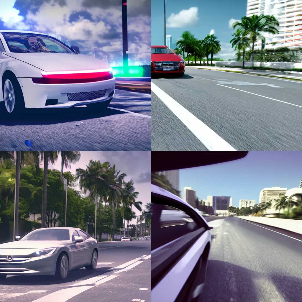 Image similar to car driving across miami, third person bumper camera, realistic, vray, path traced, render