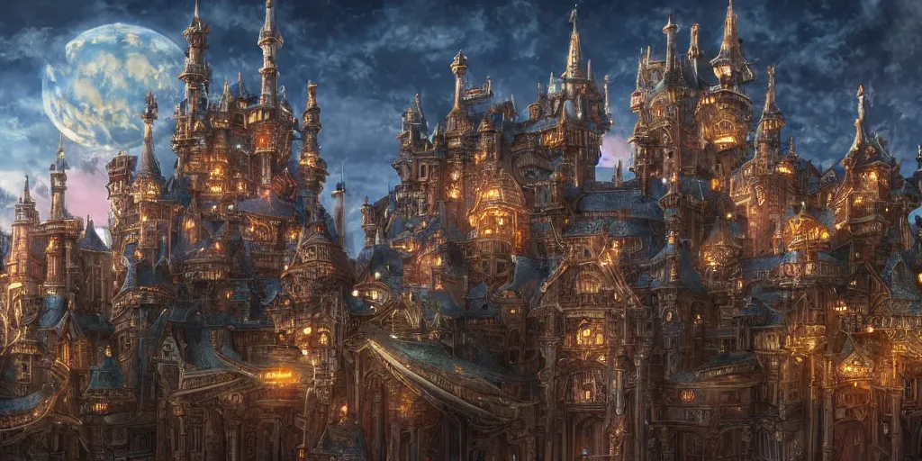 Prompt: imposing and highly ornamented fantasy castle, a lot of lights, multi layered huge architectures, no people, intricate, Anime Background, Miyazaki Hayao, Ghibli, editor’s pickup, trending on artstation, trending on deviantart, 4K