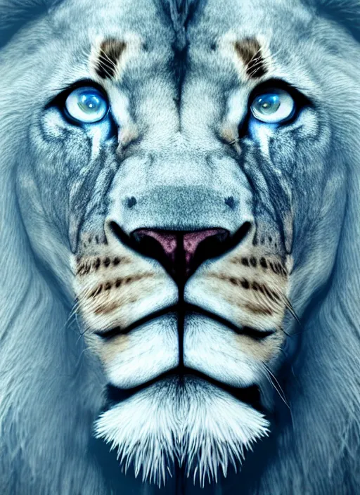 Image similar to a close up of a lion's face with blue eyes, an album cover by jacob toorenvliet, featured on behance, cubo - futurism, rendered in cinema 4 d, sketchfab, rendered in maya