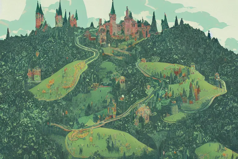 Image similar to painting of a fantasy castle, highly detailed, on lush green hills with a forest in the background, digital illustration, by Victo Ngai, by Diego Gisbert Llorens