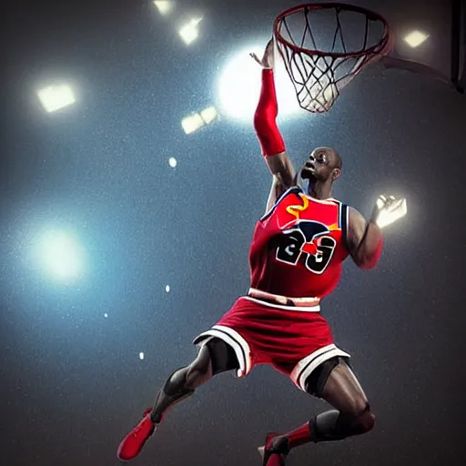 Image similar to “hyperrealistic mixed media high resolution image of michael jordan as superman, dunking a basketball, stunning 3d render inspired art by István Sándorfi and Greg Rutkowski and Unreal Engine, perfect symmetry, dim volumetric lighting, 8k octane beautifully detailed render, post-processing, extremely hyper-detailed, intricate, epic composition, highly detailed attributes, highly detailed atmosphere, cinematic lighting, masterpiece, trending on artstation, very very detailed, masterpiece, stunning, flawless structure, lifelike texture, perfection,”