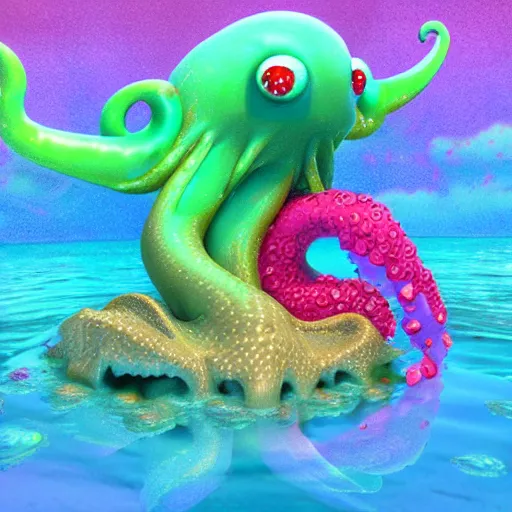 Image similar to cute cthullu render, underwater, bright colors, masterpiece