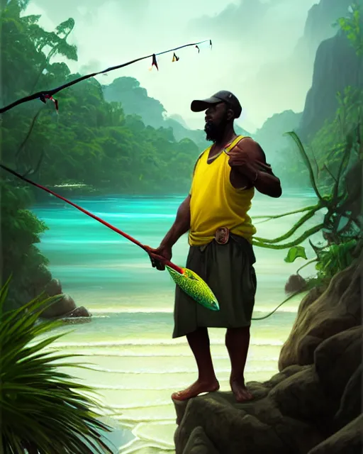 Image similar to fisherman, male, Jamaican, wide angle, yellows blacks greens reds, magical fishing rod weapon, D&D, fantasy, intricate, elegant, highly detailed, digital painting, artstation, octane render, concept art, matte, sharp focus, illustration, hearthstone, art by Artgerm and Greg Rutkowski and Alphonse Mucha