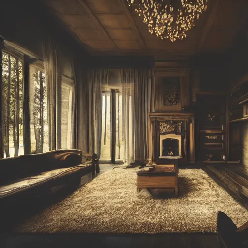 Image similar to interior of luxury house, cinematic, filmic, photography, vignette, dark, 4 k, 8 k, ultra - hd, moody lighting, hanging in the woods