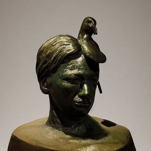 Prompt: romantic by frederic remington, by tracey emin the simpsons. a beautiful sculpture of a human face with a bird's beak protruding from the forehead.