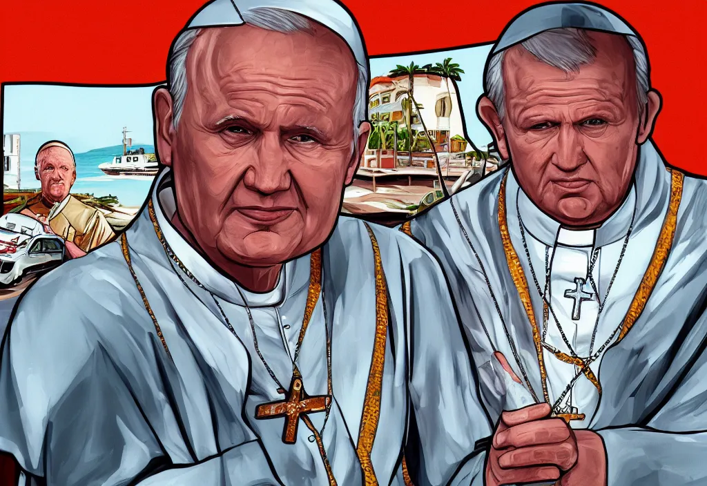 Image similar to pope john paul ii in grand theft auto loading screen, gta art style, illustration, beach, miami, vice city