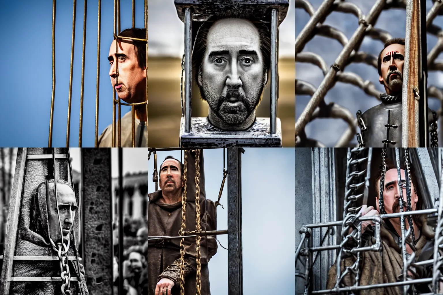 Prompt: Nicholas Cage imprisoned in a medieval gibbet of metal XF IQ4, f/1.4, ISO 200, 1/160s, 8K, in-frame