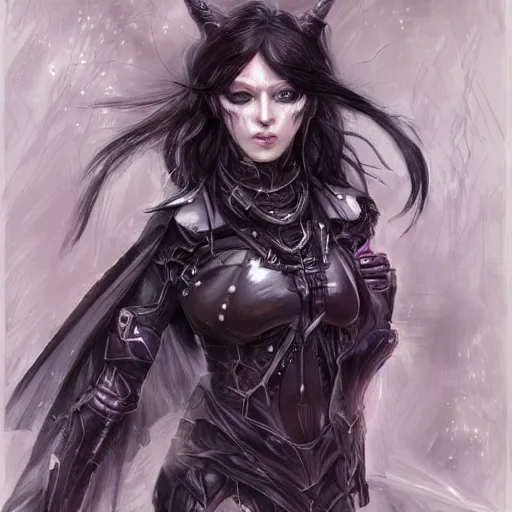 Image similar to portrait of a female dark elf by ayami kojima, she is about 2 0 years old, american, black hair, introvert, she is wearing a modern witch tactical gear, scifi, highly detailed portrait, digital painting, artstation, concept art, smooth, sharp foccus ilustration, artstation hq