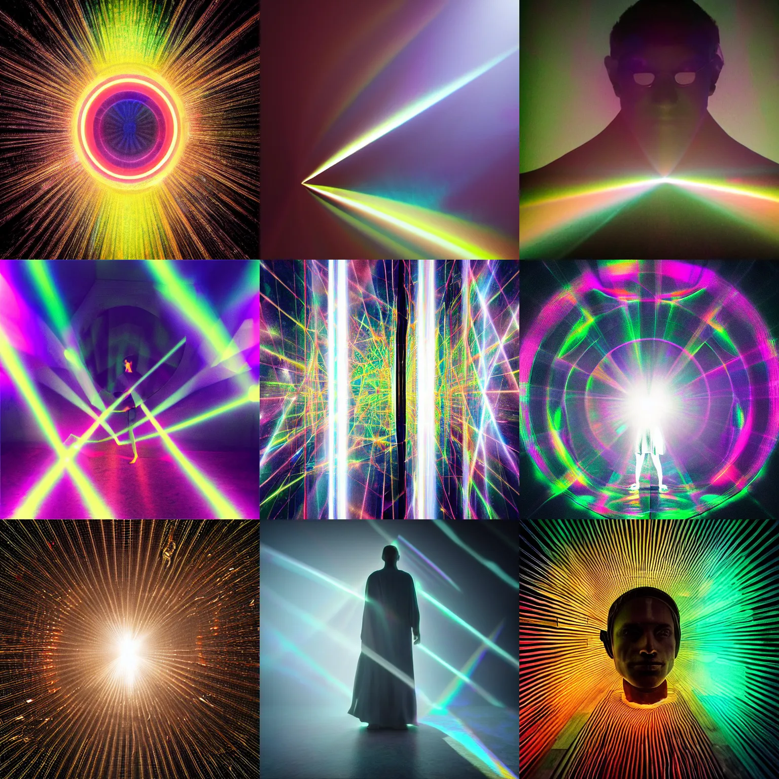 Prompt: “Hefestus the prismatic person, refracted light, caustics, light rays shining through, 4k photo”