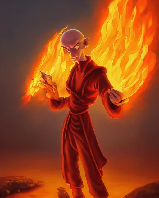 Prompt: [ squidward ] wearing fire nation clothing and practicing firebending outside at susnset, oil painting, highly [ detailed ], intricate, hd, sharp focus, photorealistic, by moebius and greg rutkowski and thomas kinkade, trending on artstation, trending on cgsociety, realistic shading and lighting