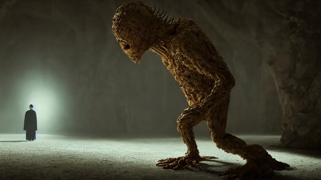 Image similar to the creature that told me when to die, film still from the movie directed by Denis Villeneuve with art direction by Salvador Dalí, wide lens