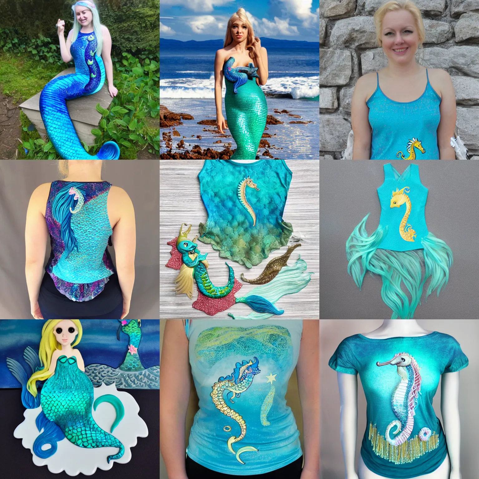 Prompt: mermaid with a seahorse tail and sea themed top