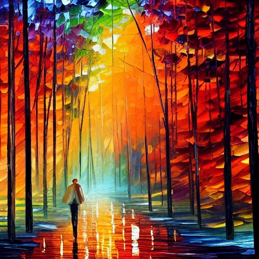 Prompt: the last sunset in the forest of dreams, by Leonid Afremov, 8k resolution, digital art, trending on art station