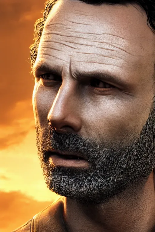 Image similar to portrait art of rick grimes 8 k ultra realistic, digital art, character portrait, highly detailed, trending on artstation, lens flare, atmosphere, hyper realistic, cinematic lightning, sharp focus, unreal engine 5, extreme details perfect face, pretty face, fine - face, illustration, 8 k, ultra texture, masterpiece