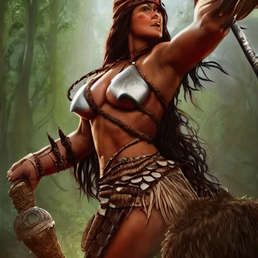 Prompt: salma hayek as barbarian warrior in jungle, au naturel, hyper detailed, digital art, trending in artstation, cinematic lighting, studio quality, smooth render, unreal engine 5 rendered, octane rendered, art style by klimt and nixeu and ian sprigger and wlop and krenz cushart.