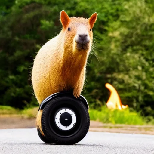 Image similar to photo of a capybara riding a segway, with flames coming out of the back