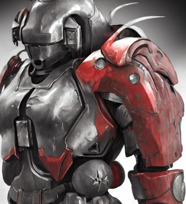 Image similar to a 3 / 4 view of a demon wearing powered armor in the style of fallout power - armor and bubblegum crisis powersuit trending on artstation deviantart pinterest hyper detailed photorealistic hd 8 k post - processing high resolution