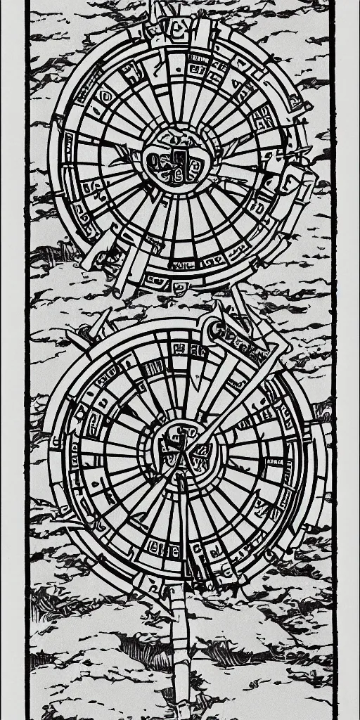 Image similar to Wheel of Fortune tarot card by a famous anime artist, clean and sharp lines, minimalistic, taoist