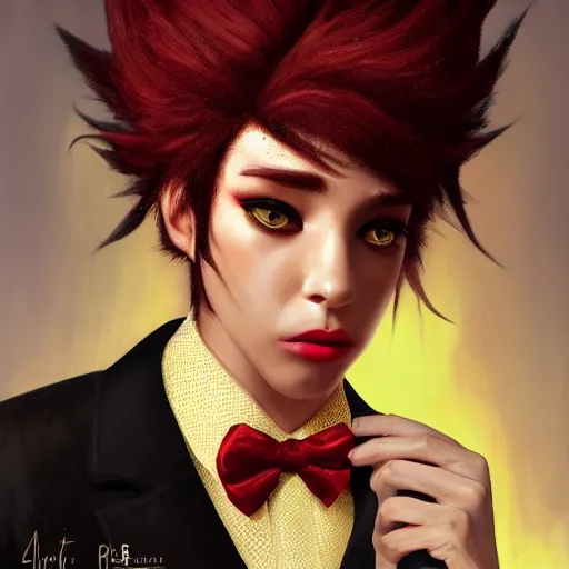 Image similar to portrait of a beautiful nonbinary actor with dark skin and messy short red hair wearing a men's suit, elf ears and gold cat's eyes, by Gerald Brom and Ross Tran, dramatic lighting, 4K, trending on artstation