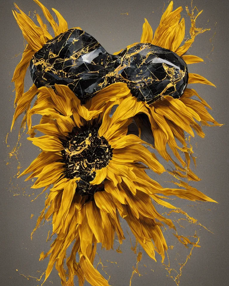 Image similar to symmetrical painting of a fractured obsidian greek statue of a topaz sunflowers fixed with kintsugi, rendered in octane trending on cgsociety. extremely detailed and intricate art