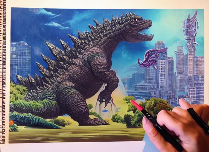 Prompt: godzilla posing for a school picture, religious painting, tristan eaton, victo ngai, artgerm, rhads, ross draws