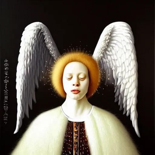 Prompt: highdetailed hyperrealistic painting of white angel!!! no gender!!!, giant ball of miracle light from the chest!!!!!, white sparkles everywhere, 4 k hd fur face!!!, big wings, by jan van eyck, holography space, glow effect, large strokes, white monochrome color!!!!!