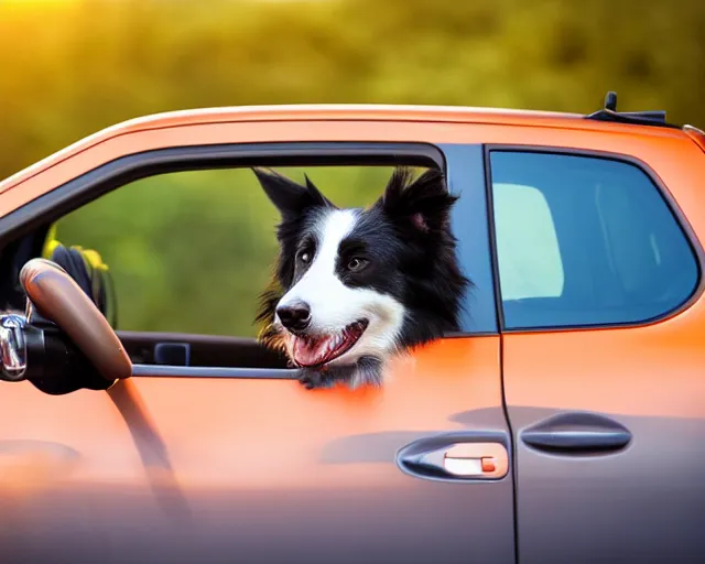 Prompt: border collie dog in the driver's seat of an orange nissan note, paws on wheel, car moving fast, rally driving photo, award winning photo, golden hour, front of car angle, motion blur