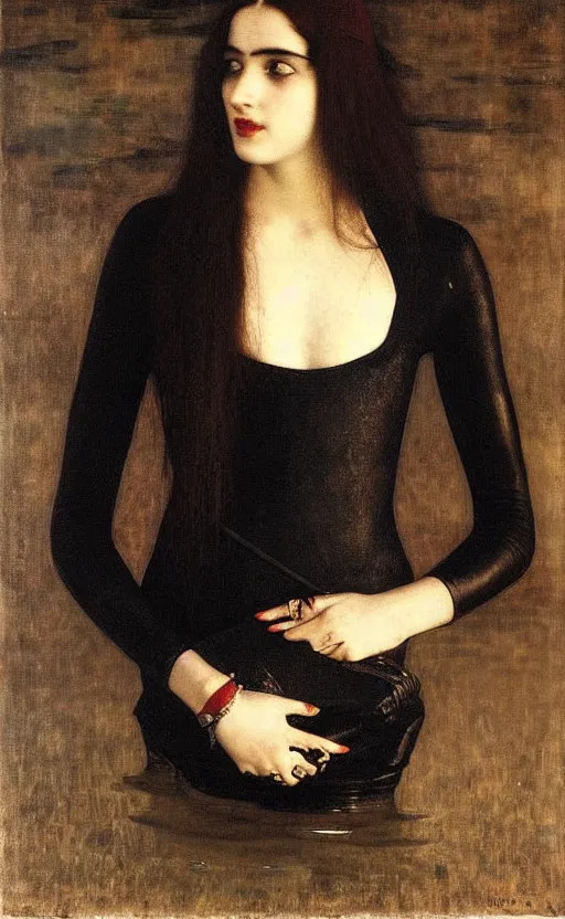 Image similar to portrait of a girl with long red hair in a black dress, under water, very beautiful style, girl wrapped in leather salwar bag black, photorealism edgard maxence, morandi,